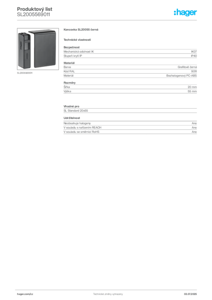 Obrázek Hager Produktový list SL2005569011 | Hager