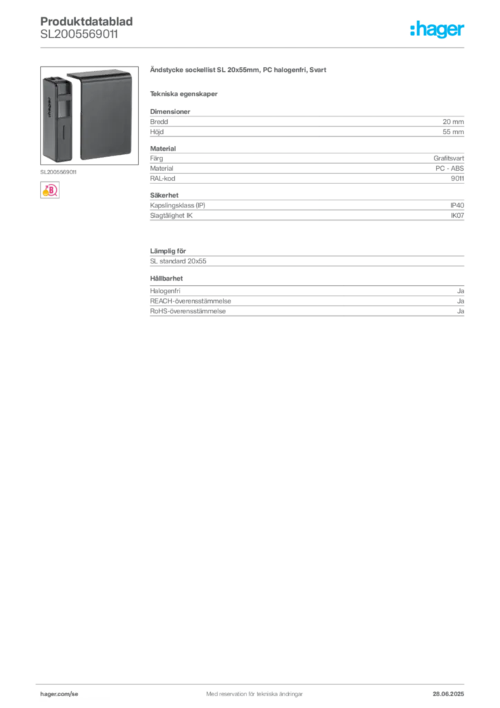 Bild Hager Produktdatablad SL2005569011 | Hager Sverige