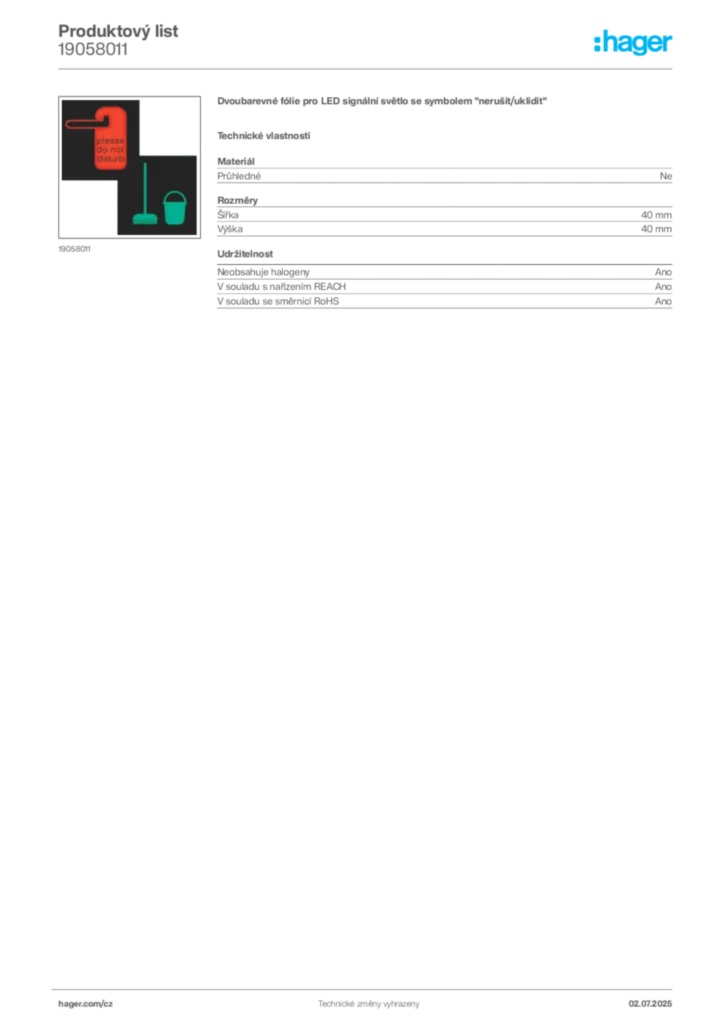Obrázek Hager Produktový list 19058011 | Hager