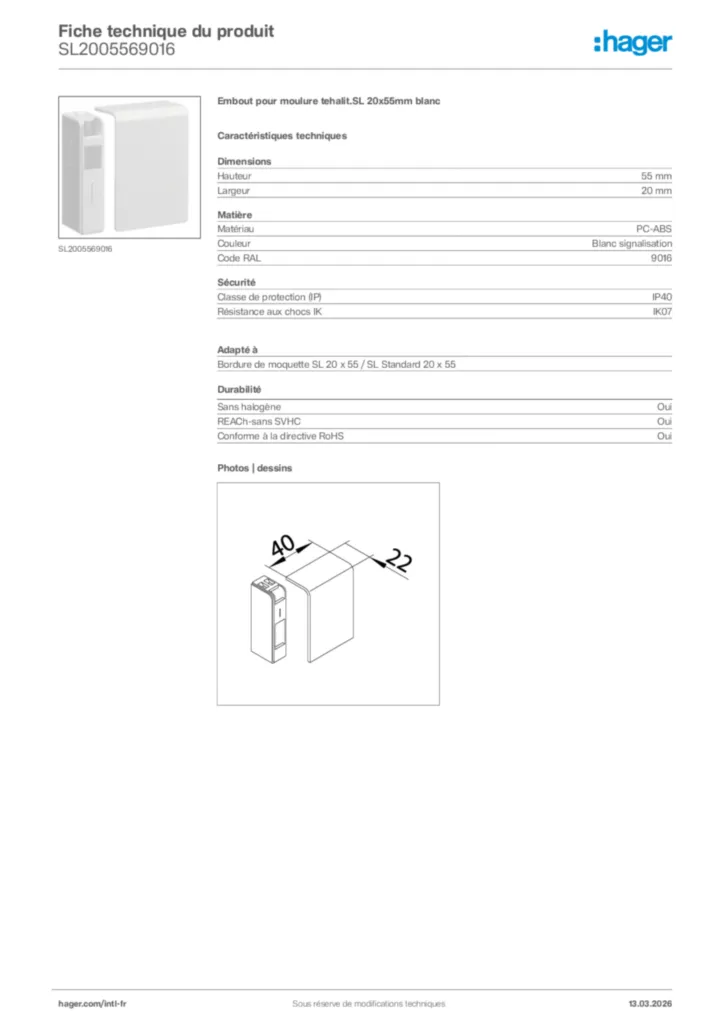 Image Hager Fiche technique du produit SL2005569016 | Hager Afrique