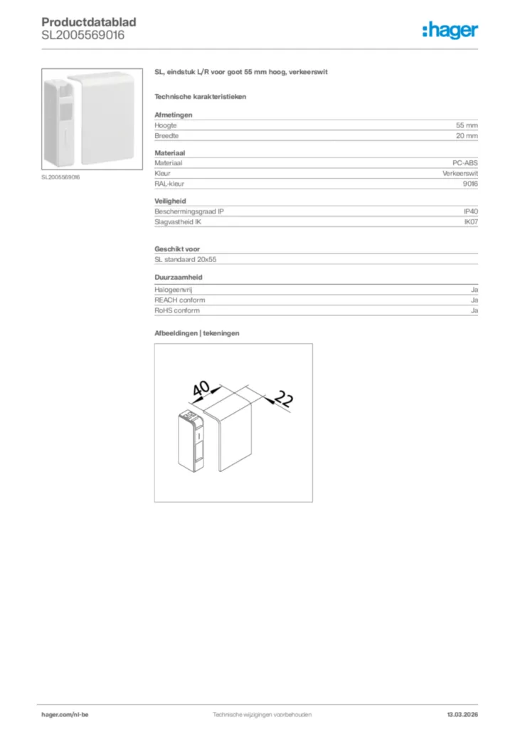 Afbeelding Hager Productdatablad SL2005569016 | Hager Belgium