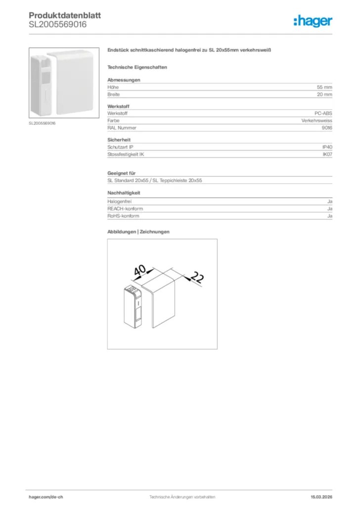 Bild Hager Produktdatenblatt SL2005569016 | Hager Schweiz