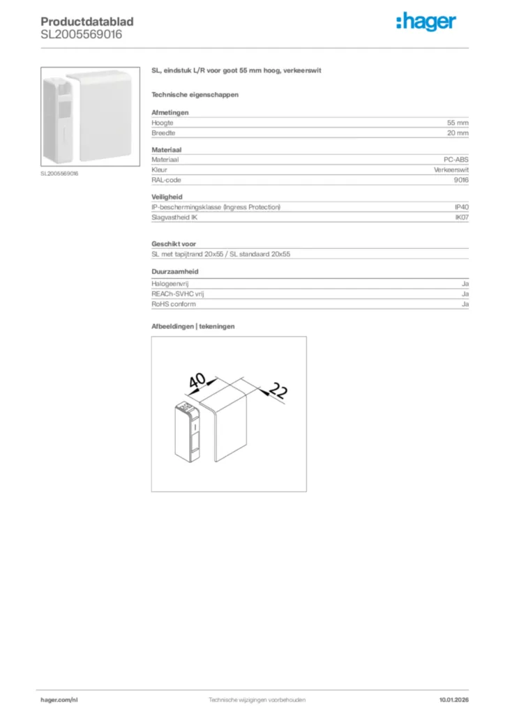 Afbeelding Hager Productdatablad SL2005569016 | Hager Nederland