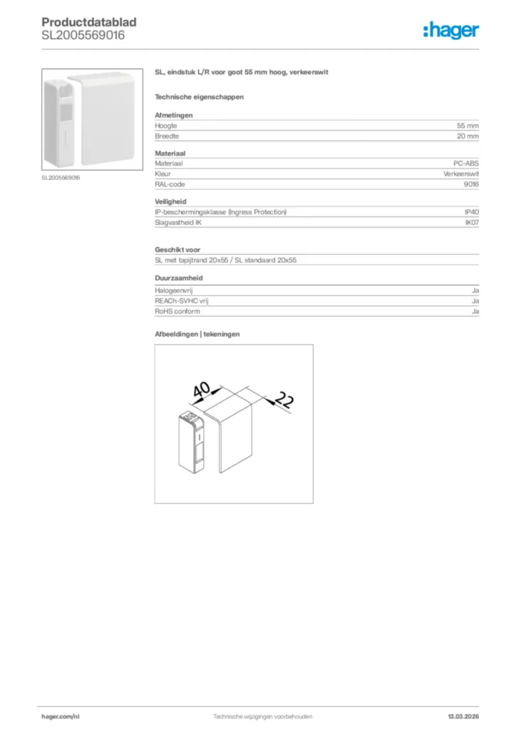 Afbeelding Hager Productdatablad SL2005569016 | Hager Nederland