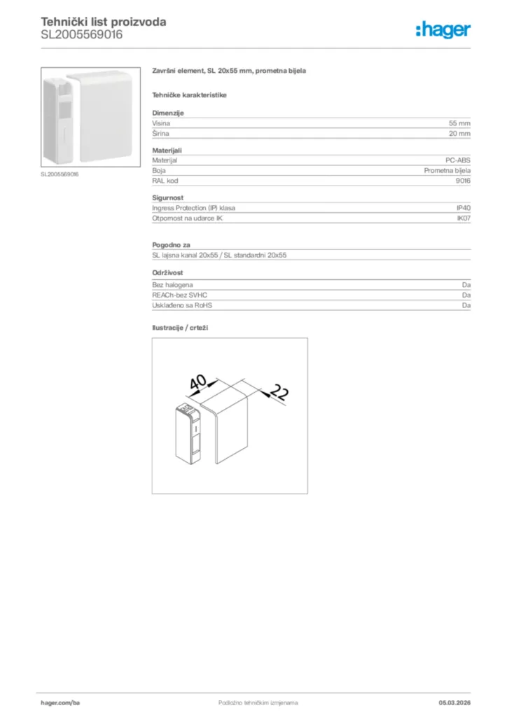 Slika Hager Tehnički list proizvoda SL2005569016  | Hager