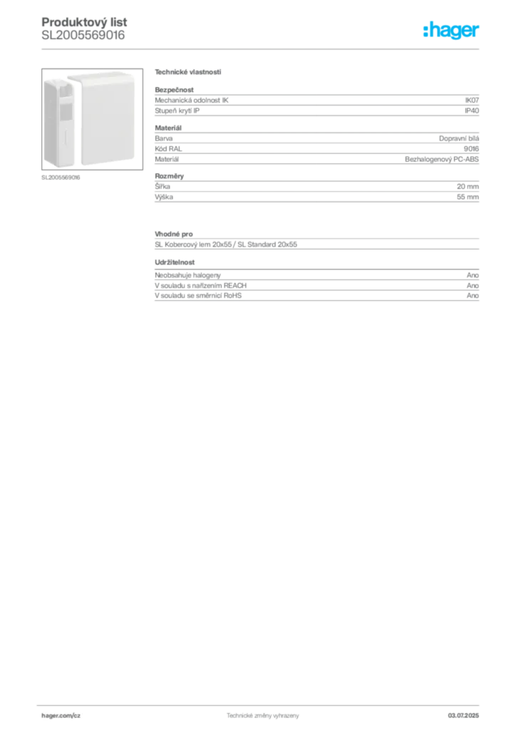 Obrázek Hager Produktový list SL2005569016 | Hager