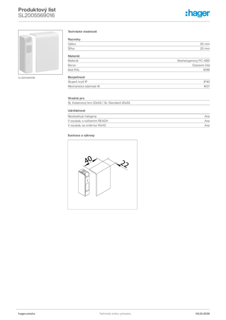 Obrázek Hager Product data sheet SL2005569016 | Hager