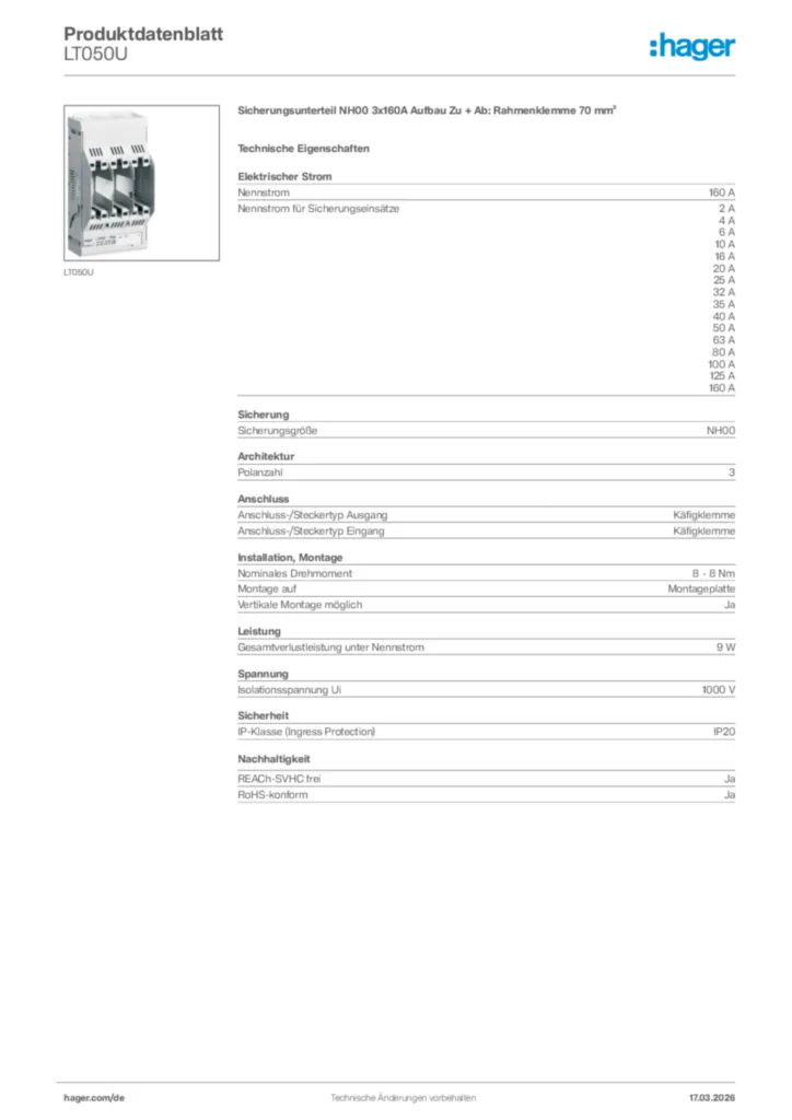 Bild Hager Produktdatenblatt LT050U | Hager Deutschland