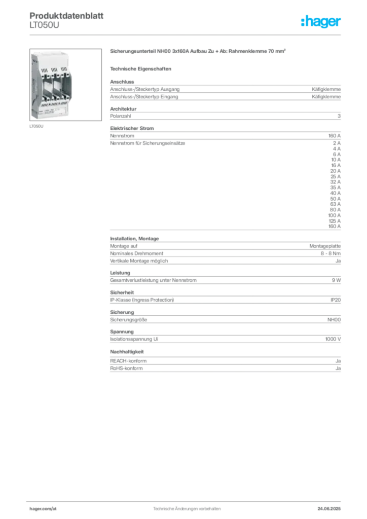 Bild Hager Produktdatenblatt LT050U | Hager Deutschland