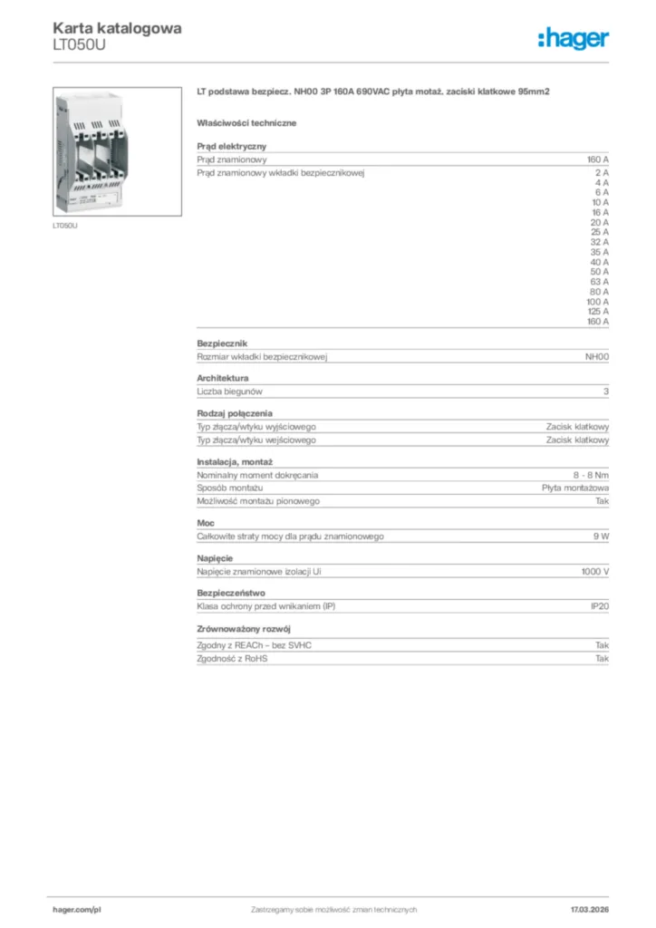 Zdjęcie Hager Karta katalogowa LT050U | Hager Polska