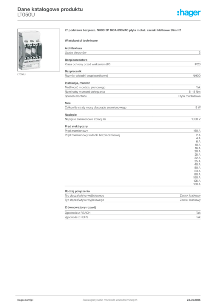 Zdjęcie Hager Karta katalogowa LT050U | Hager Polska