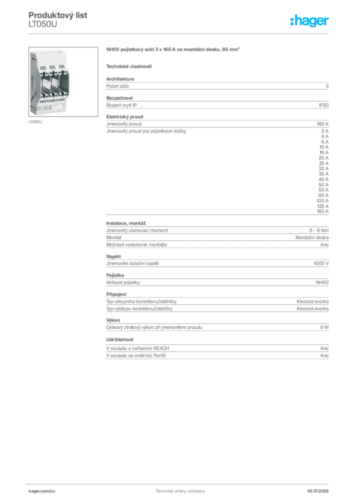 Obrázek Hager Produktový list LT050U | Hager
