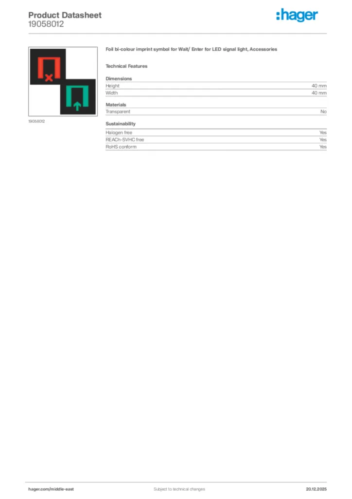 Image Hager Product data sheet 19058012  | Hager