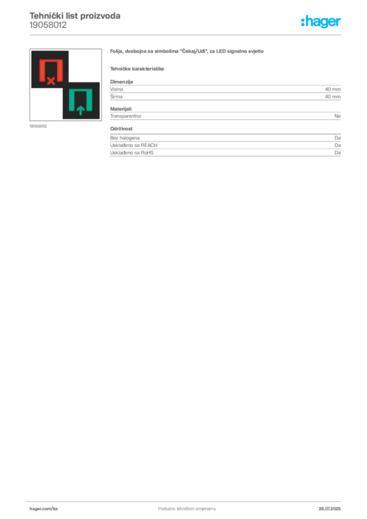 Slika Hager Product data sheet 19058012  | Hager
