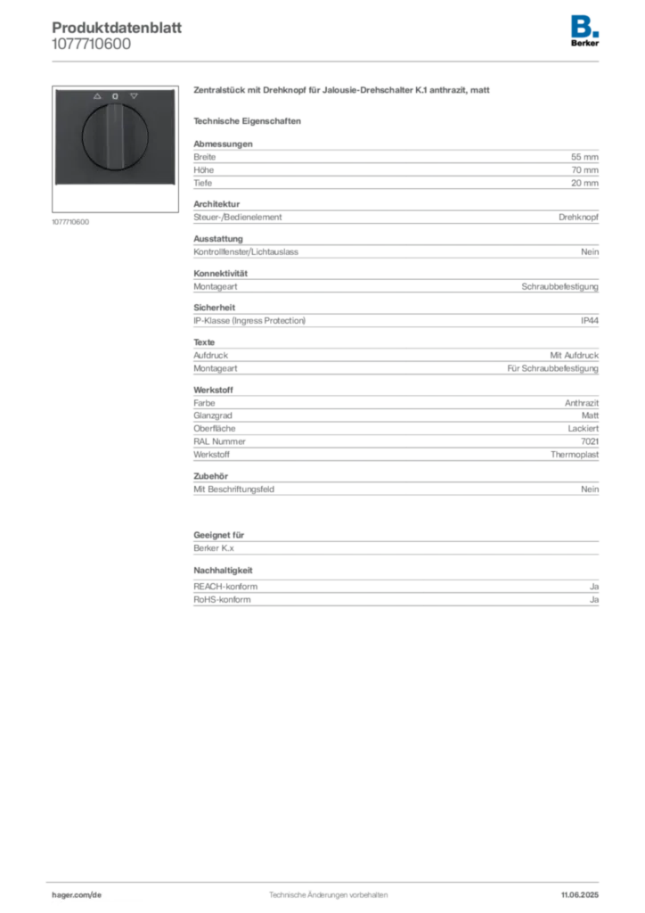 Berker Produktdatenblatt 1077710600