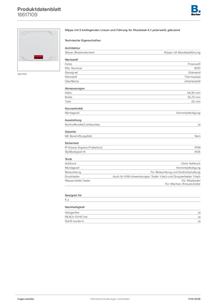 Bild Berker Produktdatenblatt 16617109 | Hager Deutschland