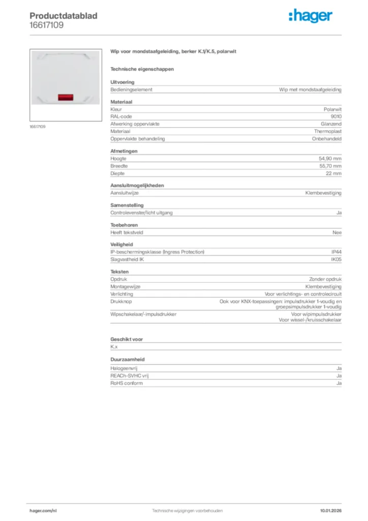 Afbeelding Hager Productdatablad 16617109 | Hager Nederland