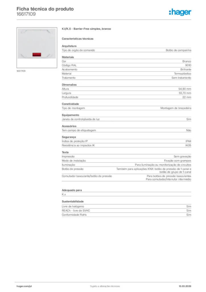 Imagem Hager Ficha técnica do produto 16617109 | Hager Portugal