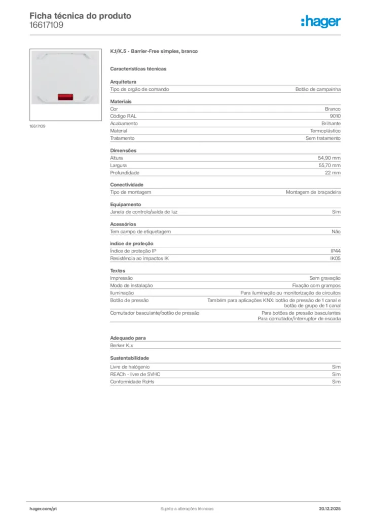 Imagem Hager Ficha técnica do produto 16617109 | Hager Portugal