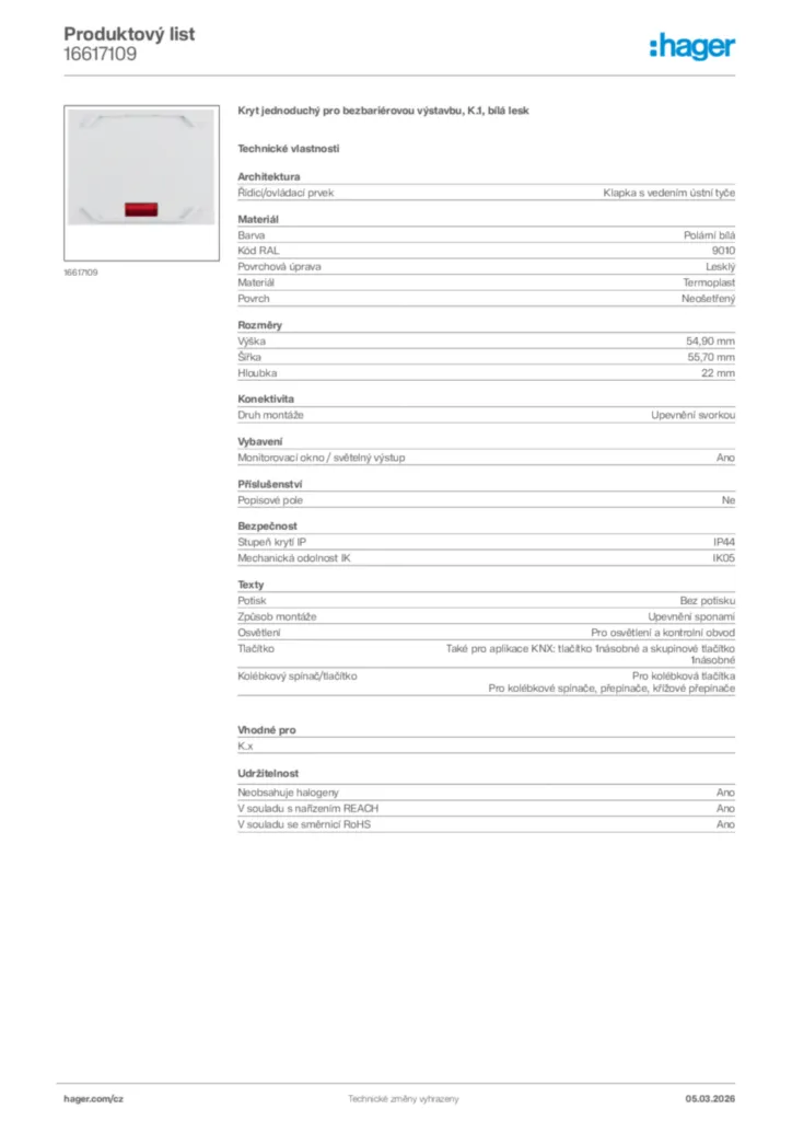 Obrázek Hager Product data sheet 16617109 | Hager