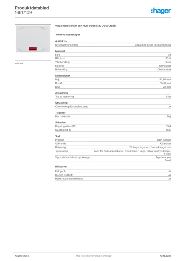 Bild Hager Produktdatablad 16617109 | Hager Sverige