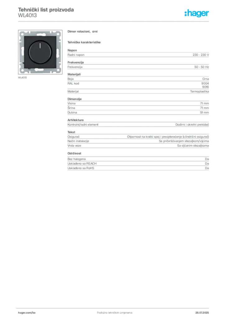 Slika Hager Product data sheet WL4013  | Hager
