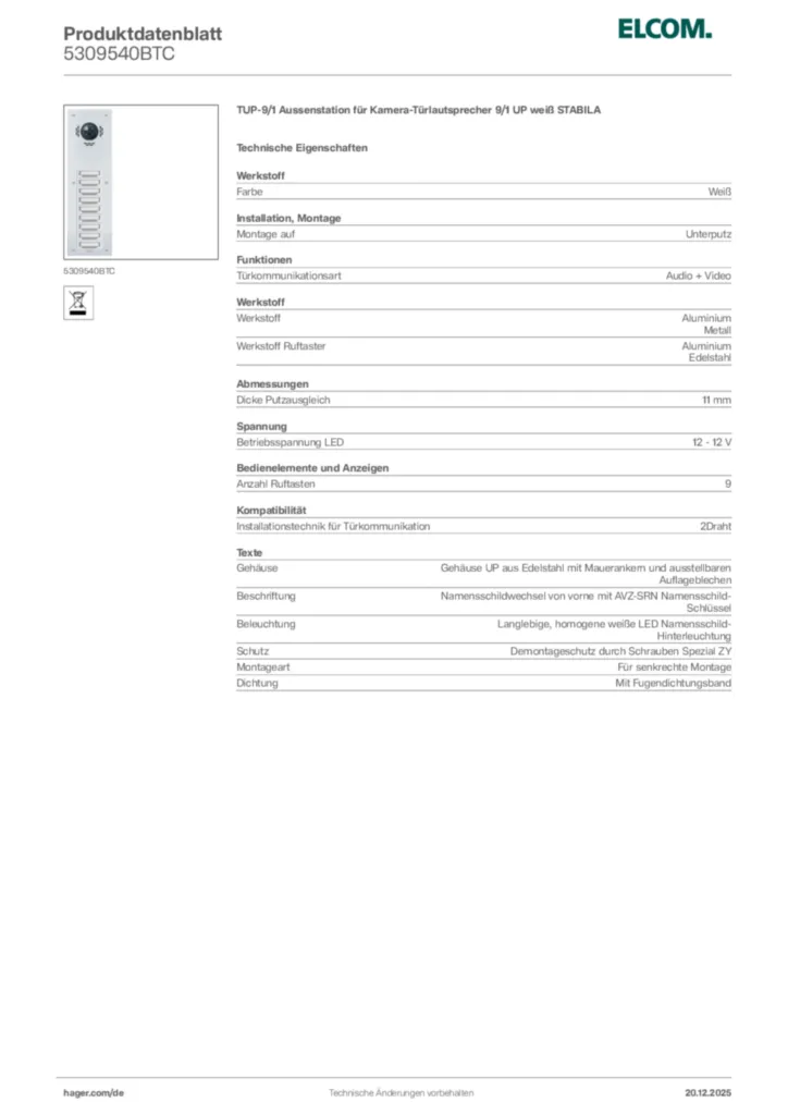 Bild Elcom Produktdatenblatt 5309540BTC | Hager Deutschland