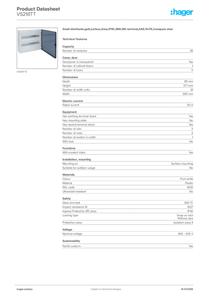 Image Hager Product data sheet VS218TT  | Hager Australia
