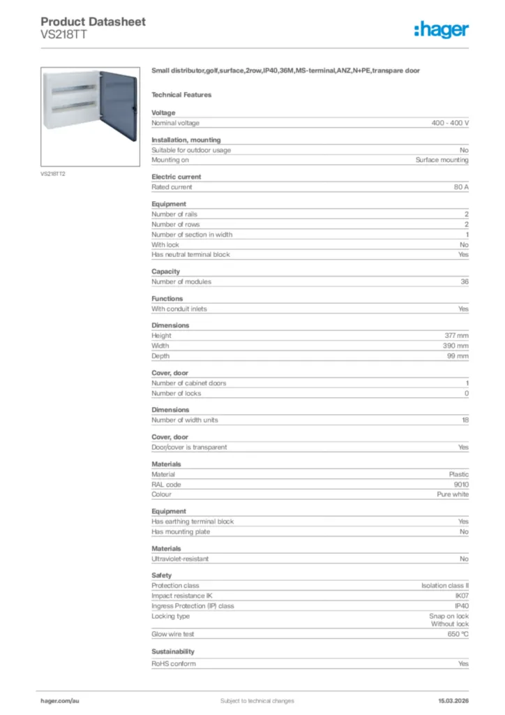 Image Hager Product data sheet VS218TT  | Hager Australia