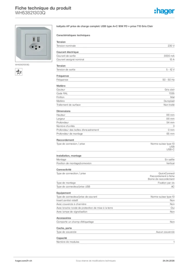 Image Hager Fiche technique du produit WH53821303Q | Hager Suisse