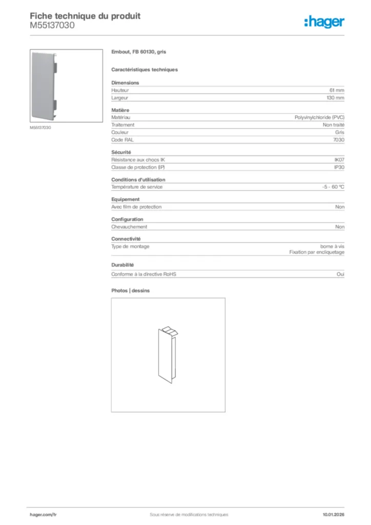 Image Hager Fiche technique du produit M55137030 | Hager France