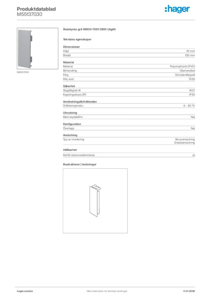 Bild Hager Produktdatablad M55137030 | Hager Sverige