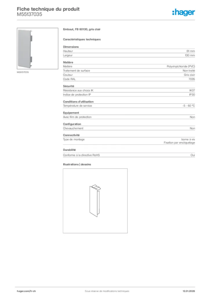 Image Hager Fiche technique du produit M55137035 | Hager Suisse