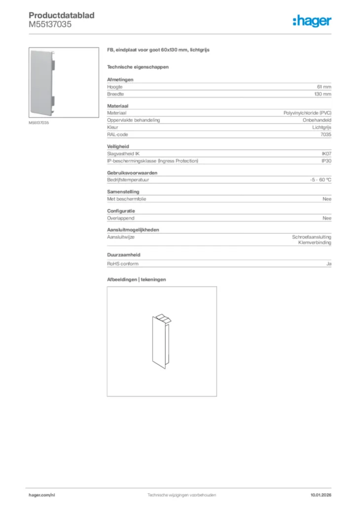 Afbeelding Hager Productdatablad M55137035 | Hager Nederland