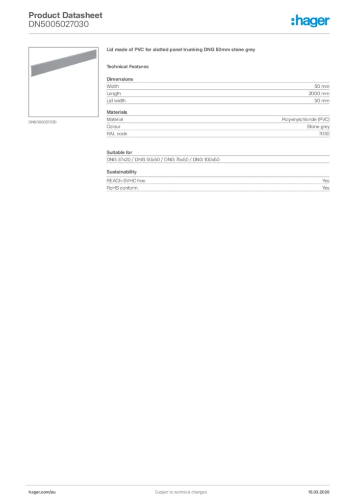 Image Hager Product data sheet DN5005027030  | Hager Australia