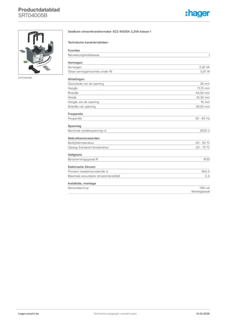 Afbeelding Hager Productdatablad SRT04005B | Hager Belgium