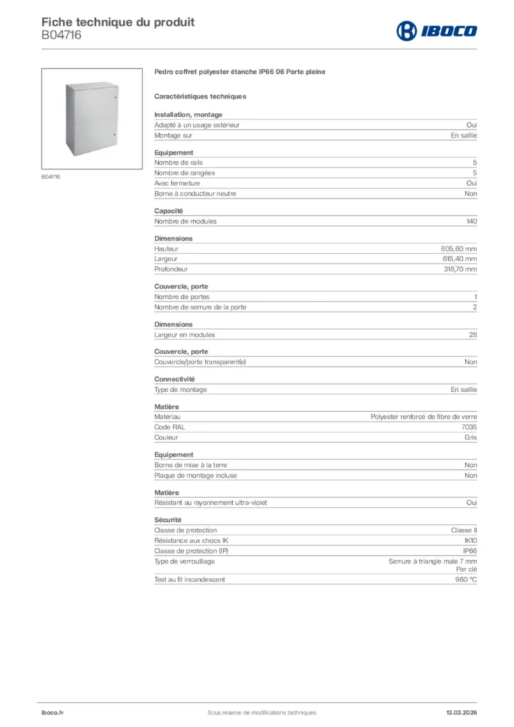 Image Iboco Fiche technique du produit B04716 | Hager France