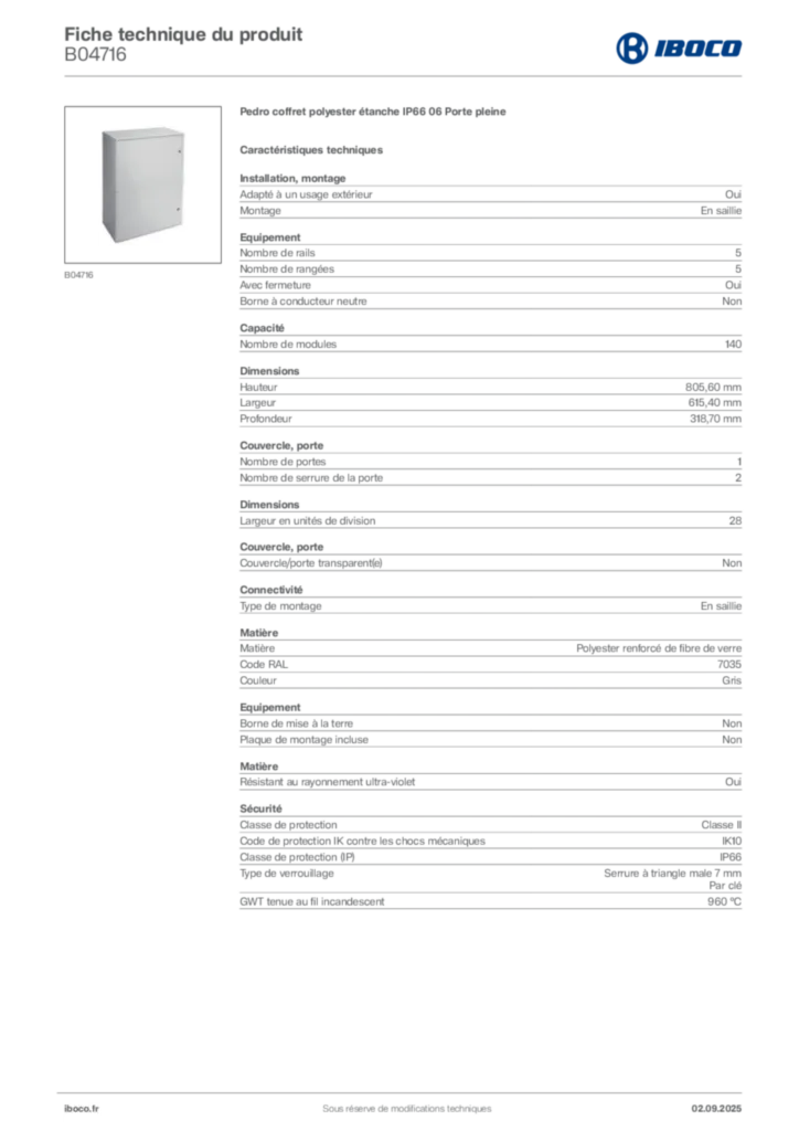 Image Iboco Fiche technique du produit B04716 | Hager France