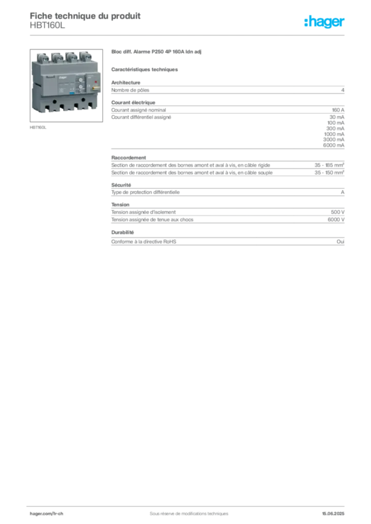 Image Hager Fiche technique du produit HBT160L | Hager Suisse