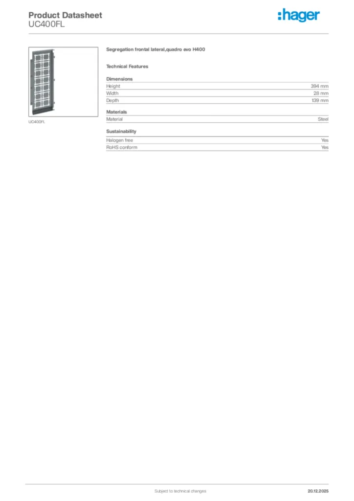 Image Hager Product data sheet UC400FL  | Hager Africa