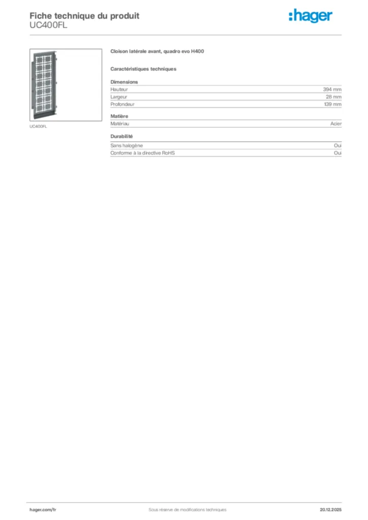 Image Hager Fiche technique du produit UC400FL | Hager France