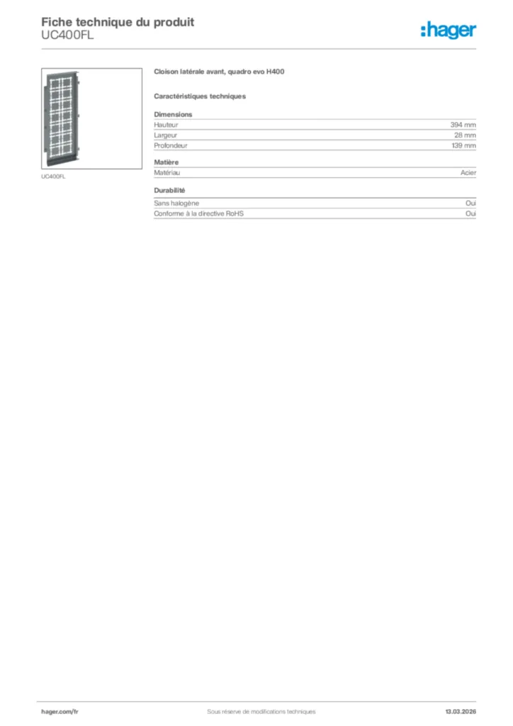 Image Hager Fiche technique du produit UC400FL | Hager France