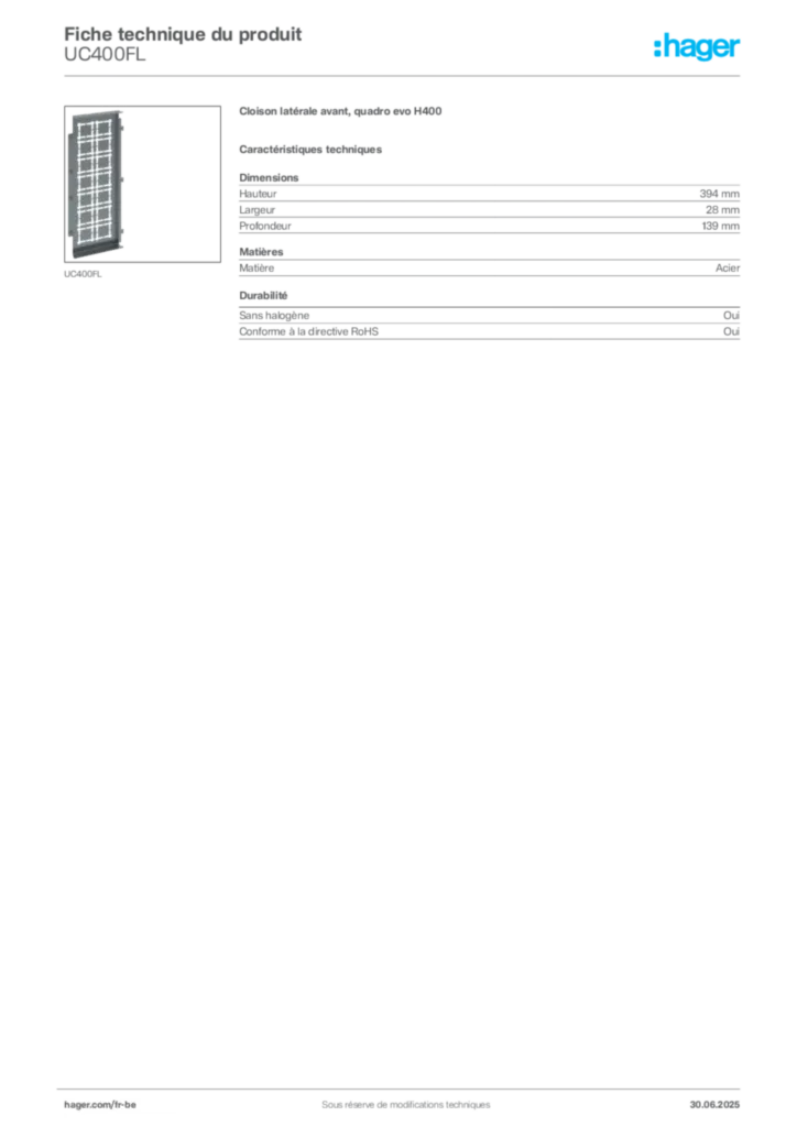 Image Hager Fiche technique du produit UC400FL | Hager Belgique
