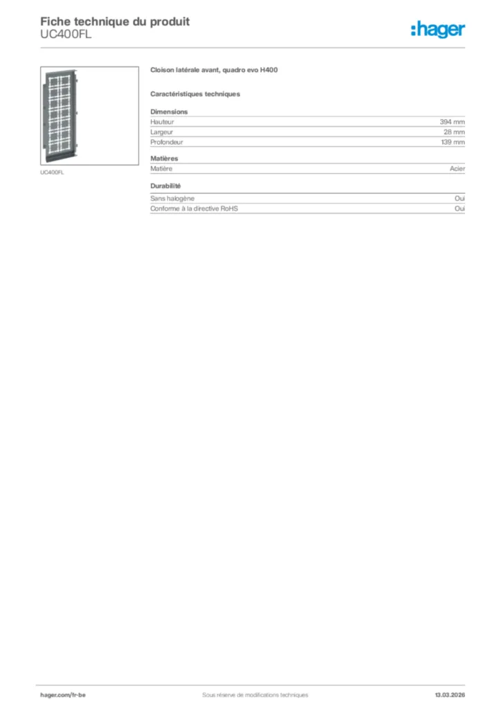 Image Hager Fiche technique du produit UC400FL | Hager Belgique