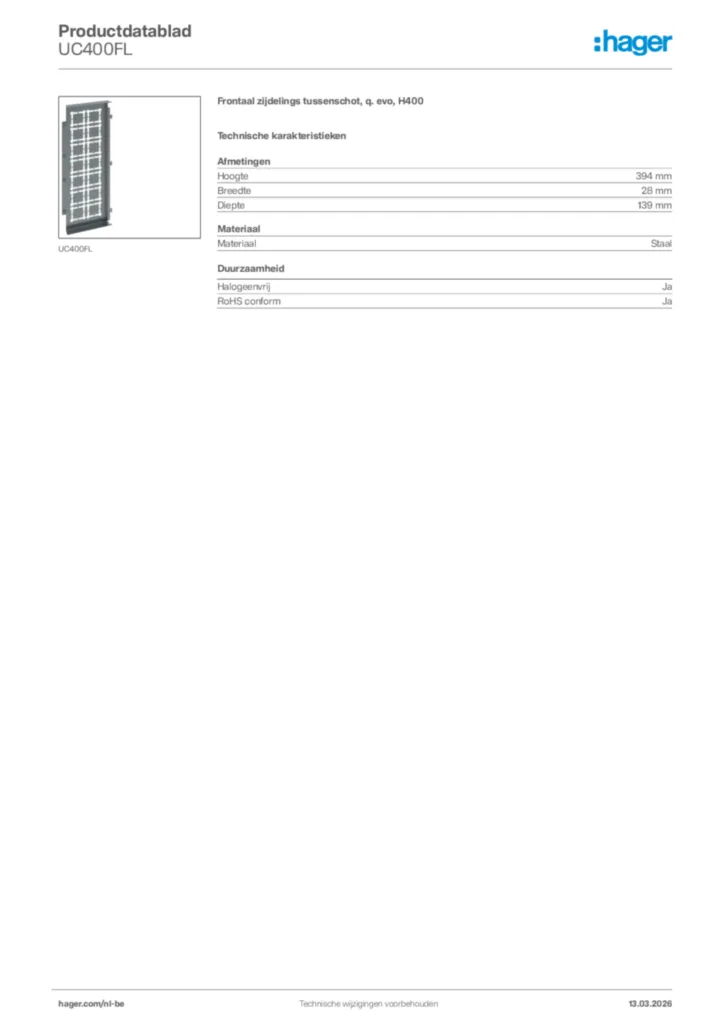 Afbeelding Hager Productdatablad UC400FL | Hager Belgium
