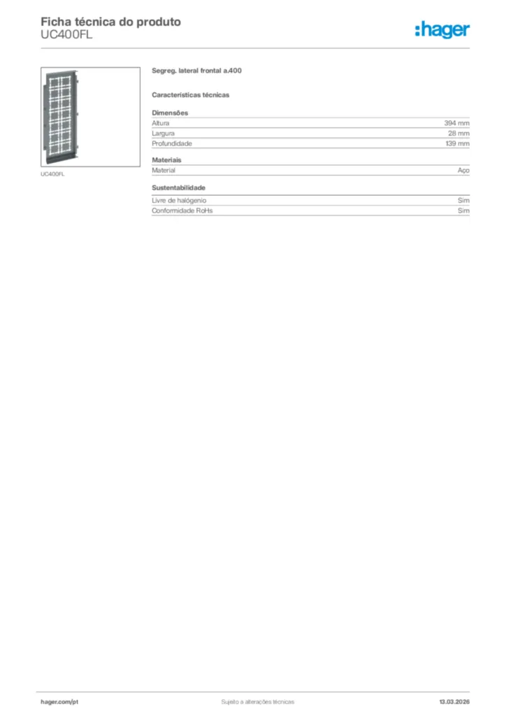 Imagem Hager Ficha técnica do produto UC400FL | Hager Portugal