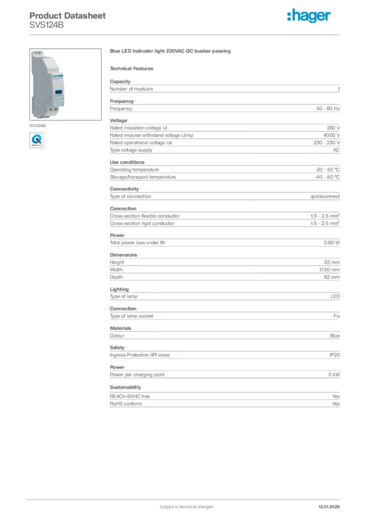Image Hager Product data sheet SVS124B  | Hager Africa