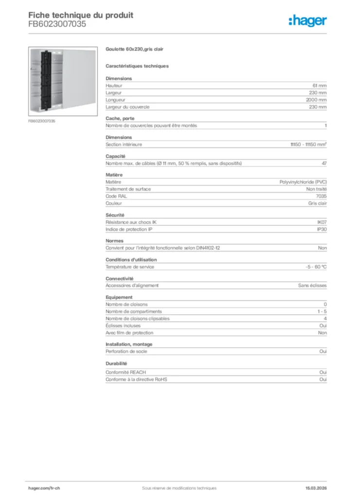 Image Hager Fiche technique du produit FB6023007035 | Hager Suisse