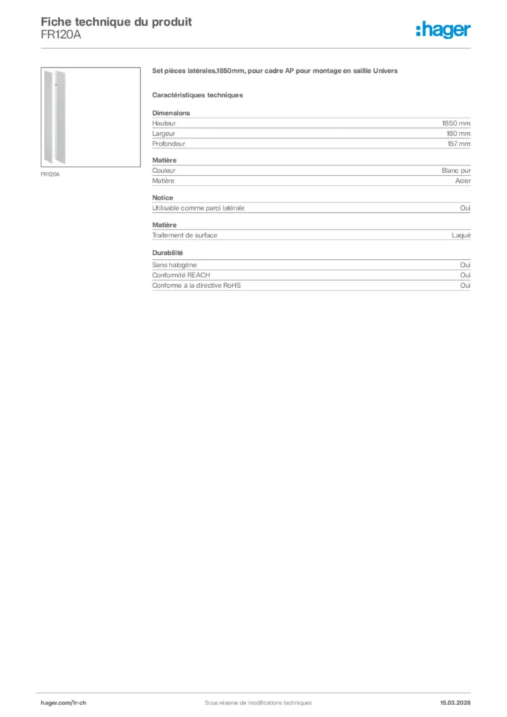 Image Hager Fiche technique du produit FR120A | Hager Suisse
