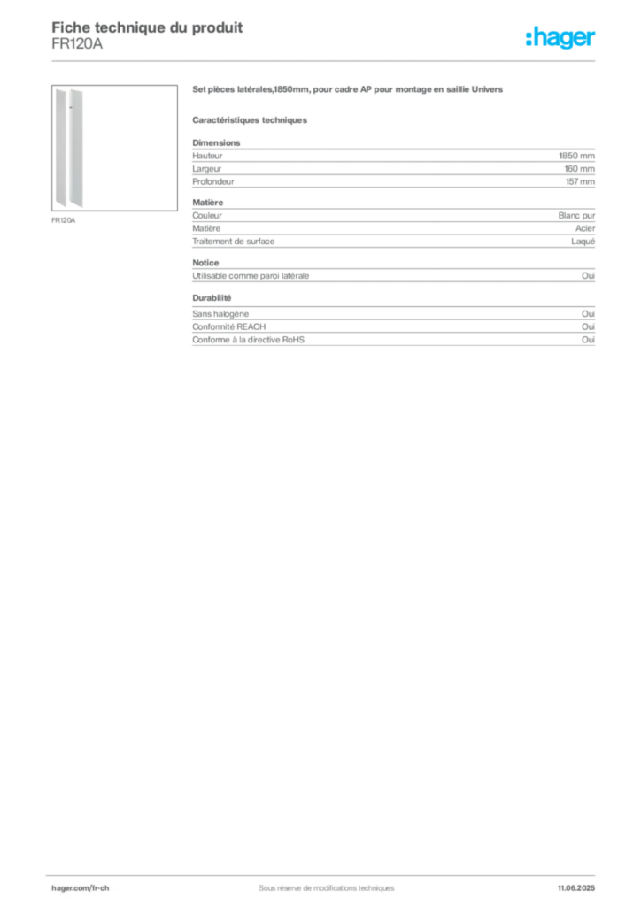 Image Hager Fiche technique du produit FR120A | Hager Suisse